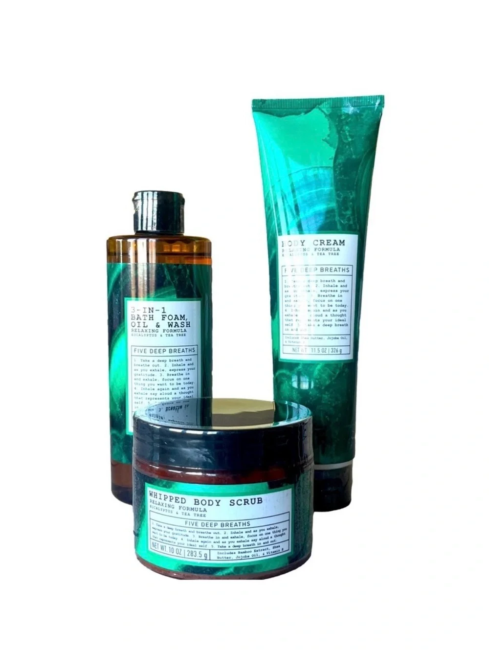 New 3 pc Five Deep Breaths Body Scrub, Wash and Cream Set in Eucalyptus Tea Tree